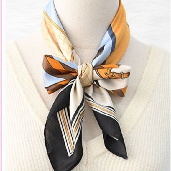 2/$30 Equestrian-Themed Silk Satin Scarf Horses Large Square Orange Black - Picture 4 of 6
